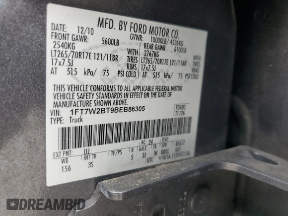 2011 Ford F-250 XL с VIN 1FT7W2BT9BEB86305, выставлен на аукционе Copart как лот 65621715 с пробегом Не указан миль и Списание • Salvage title. История ставок и продаж доступна на DreamBid. Изображение 12.