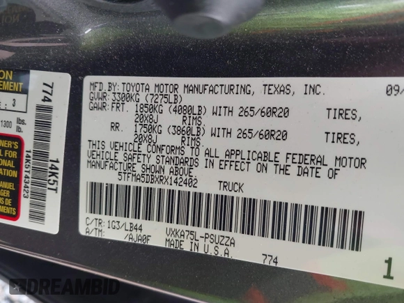 2024 Toyota Tundra 1794 Edition with VIN 5TFMA5DBXRX142402, listed as a IAAI auction lot 41253806 with 17,523 mi miles and . Bid and sale history available at DreamBid. Image 9.