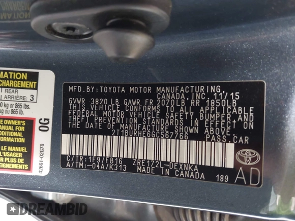 2016 Toyota Corolla L z VIN 2T1BURHE6GC567766, wystawiony jako IAAI lot #42647386 z przebiegiem 126 622 mil mil oraz . Historia ofert i sprzedaży dostępna na DreamBid. Obrazek 9.