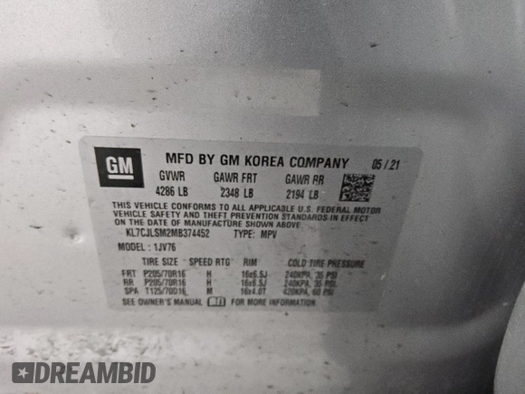 2021 Chevrolet Trax LT с VIN KL7CJLSM2MB374452, выставлен на аукционе Copart как лот 60646855 с пробегом 31 937 миль миль и Чистый • Clean title. История ставок и продаж доступна на DreamBid. Изображение 13.