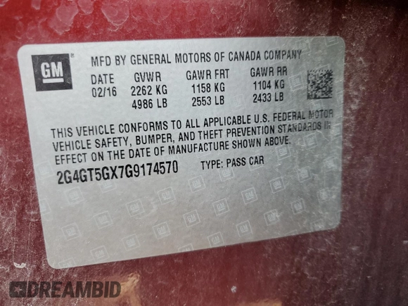 2016 Buick Regal Premium II with VIN 2G4GT5GX7G9174570, listed as a Copart auction lot 69968344 with 121,356 mi miles and Salvage Title. Bid and sale history available at carsss.com. Image 12.