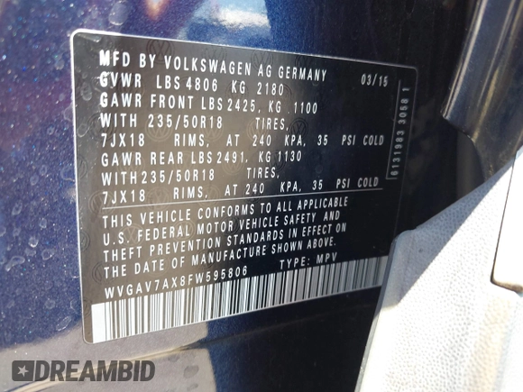 2015 Volkswagen Tiguan SE with VIN WVGAV7AX8FW595806, listed as a IAAI auction lot 42644395 with 51,638 mi miles and . Bid and sale history available at DreamBid. Image 9.