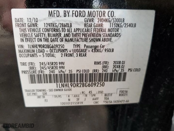 2011 Lincoln MKS with VIN 1LNHL9DR2BG609250, listed as a Copart auction lot 52478344 with 67,312 mi miles and Salvage Title. Bid and sale history available at carsss.com. Image 12.
