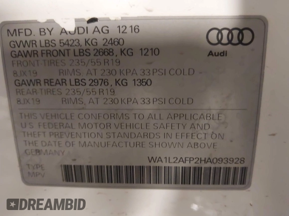 2017 Audi Q5 Premium Plus with VIN WA1L2AFP2HA093928, listed as a IAAI auction lot 42407237 with 117,137 mi miles and . Bid and sale history available at DreamBid. Image 9.