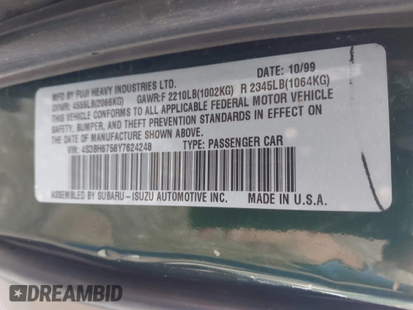 2000 Subaru Legacy Outback with VIN 4S3BH6758Y7624248, listed as a IAAI auction lot 42151258 with 206,654 mi miles and . Bid and sale history available at DreamBid. Image 9.