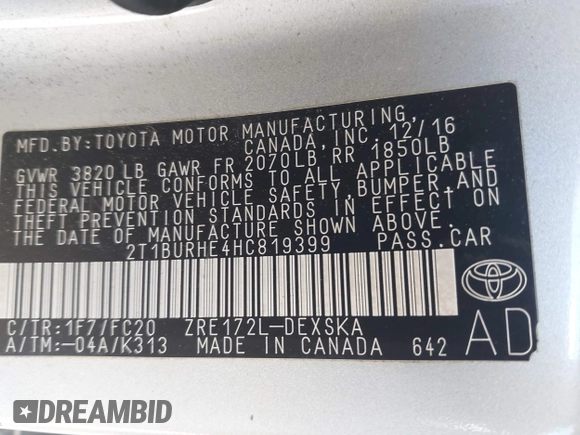 2017 Toyota Corolla L с VIN 2T1BURHE4HC819399, выставлен на аукционе IAAI как лот 42539366 с пробегом 134 248 миль миль и . История ставок и продаж доступна на DreamBid. Изображение 9.