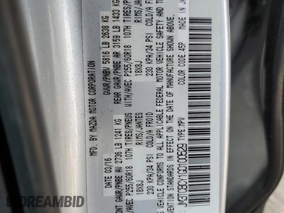 2016 Mazda CX-9 Touring with VIN JM3TCBCY1G0100529, listed as a Copart auction lot 50036195 with 162,184 mi miles and Clean title. Bid and sale history available at DreamBid. Image 13.