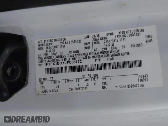 2018 Ford F-150 XL with VIN 1FTFX1EGXJFC55772, listed as a IAAI auction lot 41836766 with 174,882 mi miles and . Bid and sale history available at DreamBid. Image 9.