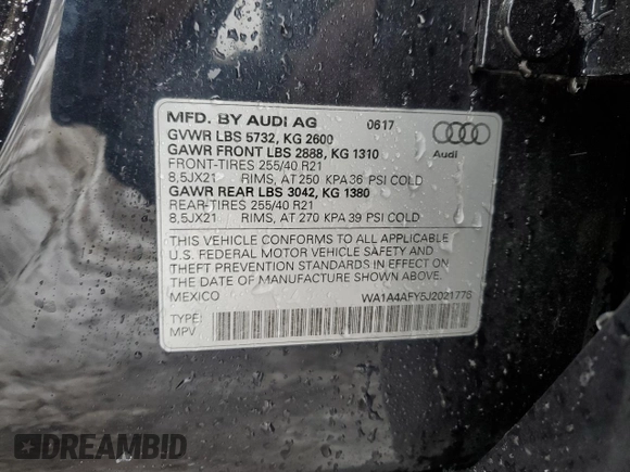 2018 Audi SQ5 Premium Plus with VIN WA1A4AFY5J2021776, listed as a Copart auction lot 43224194 with 46,659 mi miles and . Bid and sale history available at DreamBid. Image 14.