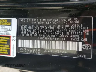 2009 Toyota Camry with VIN 4T4BE46K59R114318, listed as a Copart auction lot 54335345 with 87,130 mi miles and Salvage Title. Bid and sale history available at DreamBid. Image 13.
