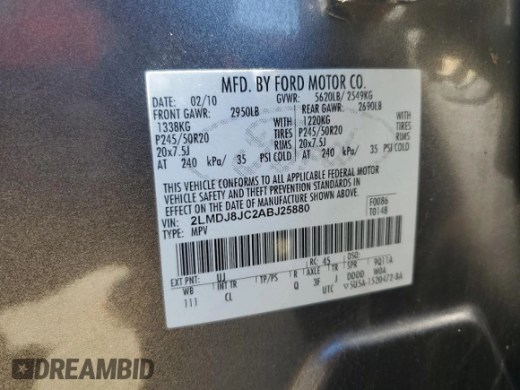 2010 Lincoln MKX with VIN 2LMDJ8JC2ABJ25880, listed as a Copart auction lot 46810725 with 109,792 mi miles and Salvage Title. Bid and sale history available at carsss.com. Image 15.