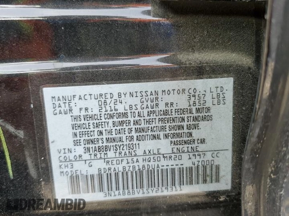 2025 Nissan Sentra S z VIN 3N1AB8BV1SY219311, wystawiony jako Copart lot #56207505 z przebiegiem 11 470 mil mil oraz Szkoda całkowita • Salvage title. Historia ofert i sprzedaży dostępna na DreamBid. Obrazek 12.