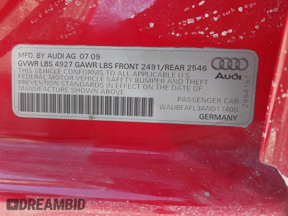 2010 Audi A4 2.0T Premium with VIN WAUBFAFL3AN011400, listed as a IAAI auction lot 41635505 with 133,293 mi miles. Bid and sale history available at carsss.com. Image 9.