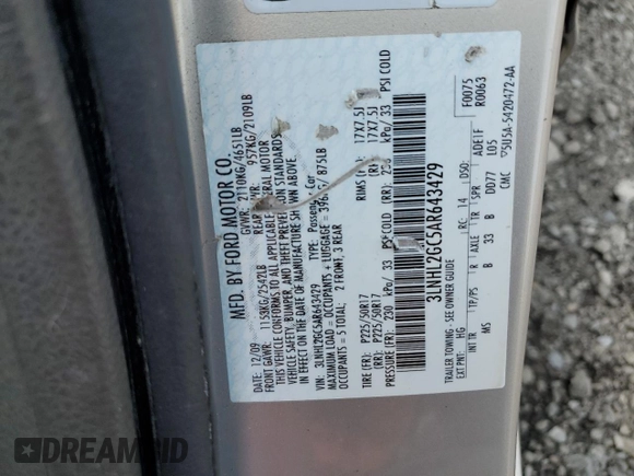 2010 Lincoln MKZ with VIN 3LNHL2GC5AR643429, listed as a Copart auction lot 63553485 with 106,619 mi miles and Salvage title. Bid and sale history available at DreamBid. Image 12.