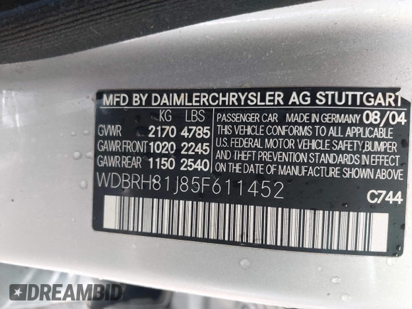 2005 Mercedes-Benz C 240 z VIN WDBRH81J85F611452, wystawiony jako IAAI lot #42308400 z przebiegiem 189 853 mil mil oraz . Historia ofert i sprzedaży dostępna na DreamBid. Obrazek 9.