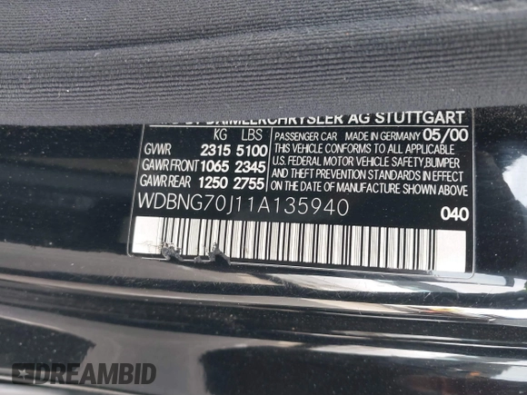 2001 Mercedes-Benz S 320/430/500 with VIN WDBNG70J11A135940, listed as a IAAI auction lot 41402937 with 172,277 mi miles and . Bid and sale history available at DreamBid. Image 9.