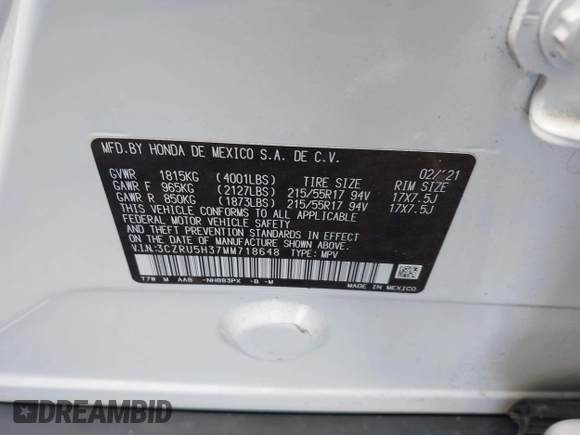 2021 Honda HR-V LX with VIN 3CZRU5H37MM718648, listed as a IAAI auction lot 42005588 with 67,225 mi miles and . Bid and sale history available at DreamBid. Image 9.