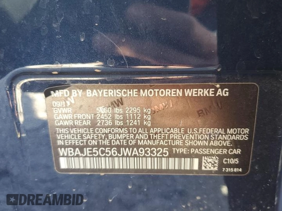 2018 BMW 5 Series 540i with VIN WBAJE5C56JWA93325, listed as a Copart auction lot 49583795 with Not Provided miles and Salvage Title. Bid and sale history available at carsss.com. Image 14.
