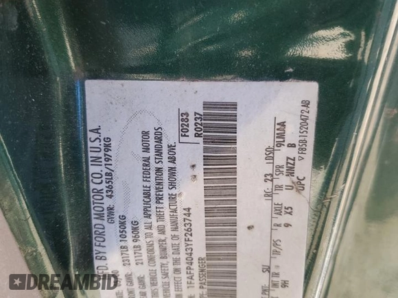 2000 Ford Mustang with VIN 1FAFP4043YF263744, listed as a Copart auction lot 46882165 with Not provided miles and Salvage title. Bid and sale history available at DreamBid. Image 13.