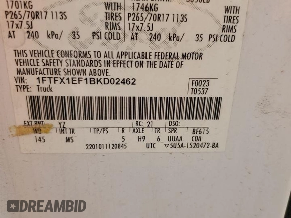 2011 Ford F-150 XL with VIN 1FTFX1EF1BKD02462, listed as a Copart auction lot 58602325 with 129,716 mi miles and Salvage title. Bid and sale history available at DreamBid. Image 12.