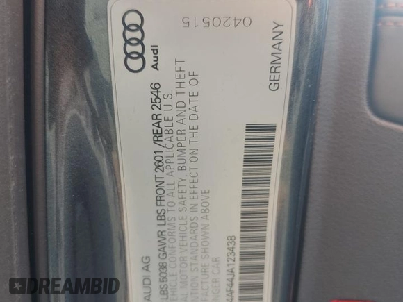 2018 Audi S4 Prestige z VIN WAUC4AF44JA123438, wystawiony jako Copart lot #51455125 z przebiegiem Nie podano mil oraz Szkody całkowita. Historia ofert i sprzedaży dostępna na DreamBid. Obrazek 12.