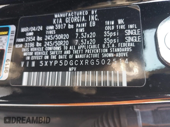 2024 Kia Telluride SX X-Line with VIN 5XYP5DGCXRG502514, listed as a Copart auction lot 48963985 with 20,560 mi miles and Salvage Title. Bid and sale history available at carsss.com. Image 15.