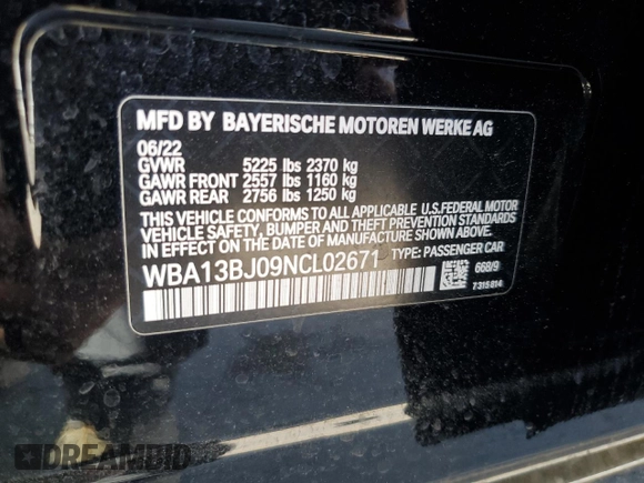 2022 BMW 5 Series 530i xDrive с VIN WBA13BJ09NCL02671, выставлен на аукционе Copart как лот 55834425 с пробегом 15 356 миль миль и Списание • Salvage title. История ставок и продаж доступна на DreamBid. Изображение 12.