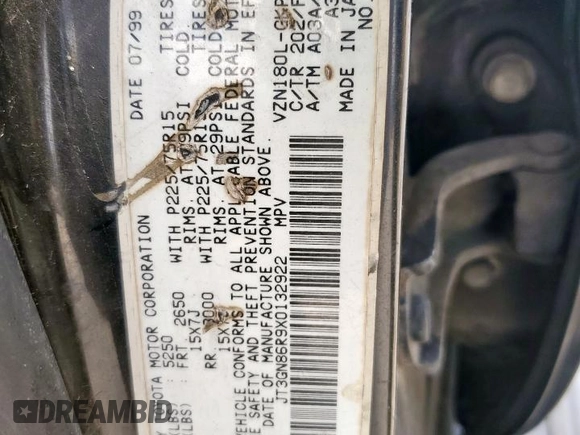 1999 Toyota 4Runner SR5 с VIN JT3GN86R9X0132922, выставлен на аукционе Copart как лот 57513805 с пробегом 232 780 миль миль и Чистый • Clean title. История ставок и продаж доступна на DreamBid. Изображение 13.