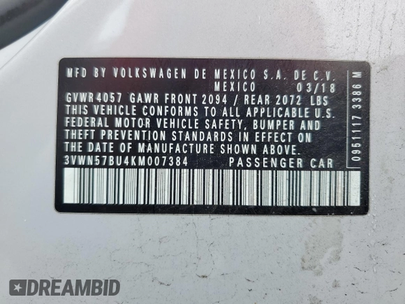 2019 Volkswagen Jetta S with VIN 3VWN57BU4KM007384, listed as a Copart auction lot 61614705 with 100,127 mi miles and Salvage title. Bid and sale history available at DreamBid. Image 12.