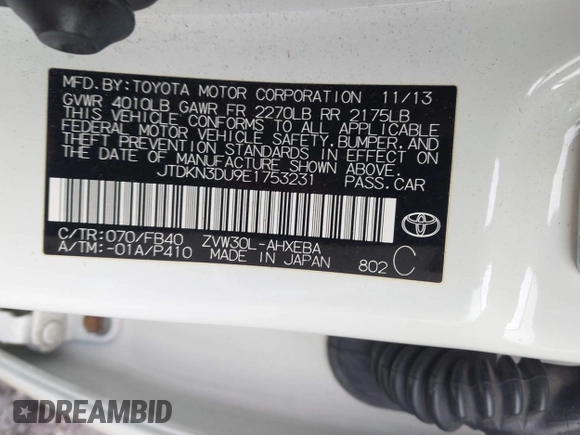 2014 Toyota Prius Four with VIN JTDKN3DU9E1753231, listed as a IAAI auction lot 41901612 with 141,687 mi miles. Bid and sale history available at carsss.com. Image 9.