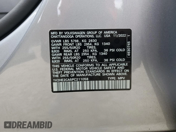 2023 Volkswagen Atlas SE с VIN 1V2HE2CA5PC211058, выставлен на аукционе Copart как лот 70510204 с пробегом 4 092 миль миль и Списание • Salvage title. История ставок и продаж доступна на DreamBid. Изображение 13.
