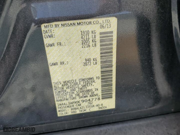 2013 Nissan Altima 2.5 SL with VIN 1N4AL3APXDC904778, listed as a Copart auction lot 52152995 with 146,735 mi miles and Salvage Title. Bid and sale history available at carsss.com. Image 12.