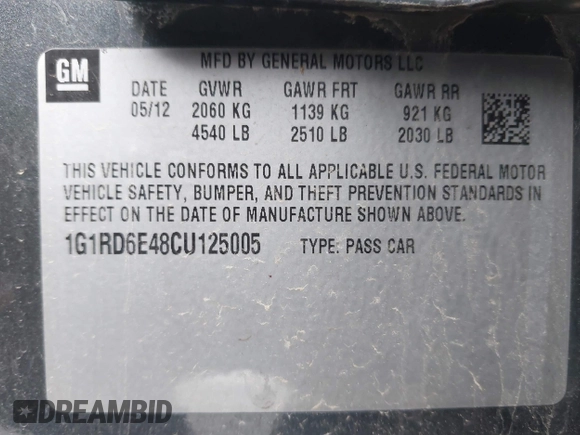 2012 Chevrolet Volt with VIN 1G1RD6E48CU125005, listed as a IAAI auction lot 42127083 with 133,823 mi miles and . Bid and sale history available at carsss.com. Image 9.
