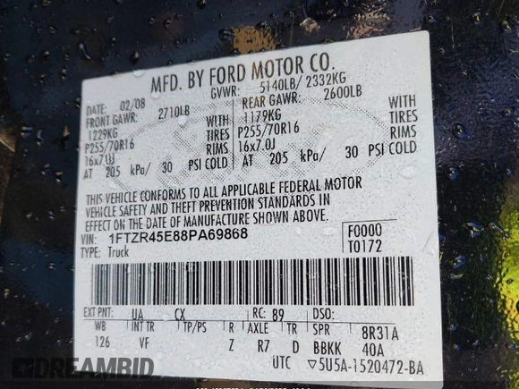 2008 Ford Ranger XLT with VIN 1FTZR45E88PA69868, listed as a IAAI auction lot 42007624 with 187,712 mi miles. Bid and sale history available at carsss.com. Image 9.