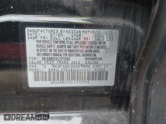 2020 Nissan Sentra SV with VIN 3N1AB8CVXLY272945, listed as a IAAI auction lot 40771835 with 26,589 mi miles. Bid and sale history available at carsss.com. Image 9.