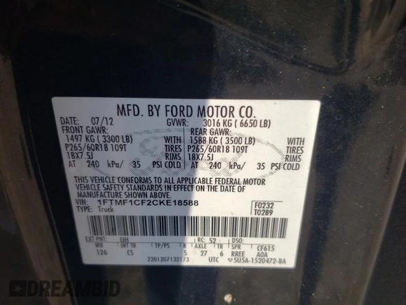 2012 Ford F-150 XL with VIN 1FTMF1CF2CKE18588, listed as a Copart auction lot 72194384 with 177,655 mi miles and Salvage Title. Bid and sale history available at carsss.com. Image 14.