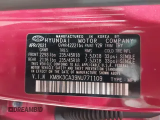 2022 Hyundai Kona N Line with VIN KM8K3CA39NU771109, listed as a IAAI auction lot 41509985 with 21,231 mi miles. Bid and sale history available at carsss.com. Image 9.