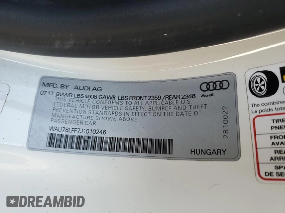 2018 Audi A3 2.0T Premium with VIN WAU78LFF7J1010246, listed as a Copart auction lot 84117344 with 48,042 mi miles and Non Repairable. Bid and sale history available at carsss.com. Image 13.