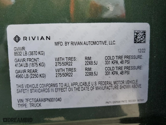 2023 Rivian R1T Adventure with VIN 7FCTGAAA8PN001040, listed as a Copart auction lot 71517874 with 19,789 mi miles and Salvage Title. Bid and sale history available at carsss.com. Image 13.