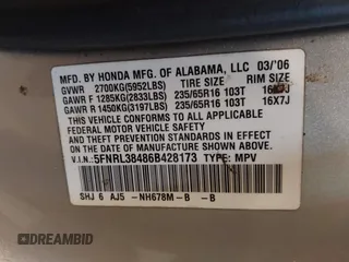 2006 Honda Odyssey EX с VIN 5FNRL38486B428173, выставлен на аукционе IAAI как лот 42385673 с пробегом 196 938 миль миль и . История ставок и продаж доступна на DreamBid. Изображение 9.