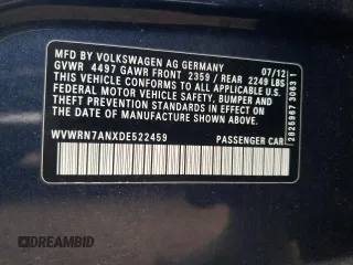 2013 Volkswagen CC Lux z VIN WVWRN7ANXDE522459, wystawiony jako Copart lot #82411654 z przebiegiem 114 539 mil mil oraz Szkoda całkowita • Salvage title. Historia ofert i sprzedaży dostępna na DreamBid. Obrazek 12.