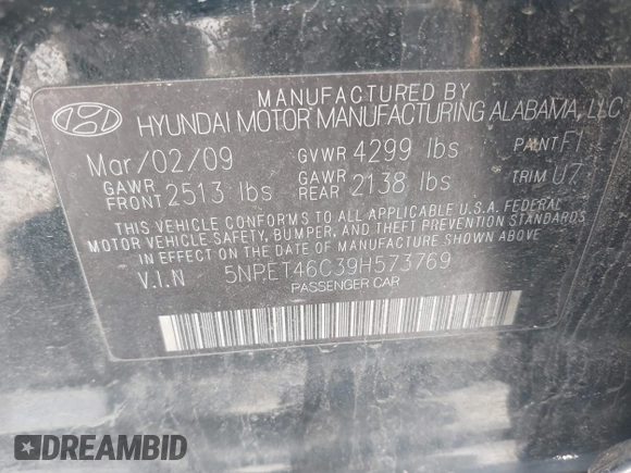 2009 Hyundai Sonata GLS с VIN 5NPET46C39H573769, выставлен на аукционе IAAI как лот 42513270 с пробегом 75 307 миль миль и . История ставок и продаж доступна на DreamBid. Изображение 9.