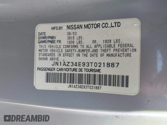 2003 Nissan 350Z Touring with VIN JN1AZ34E93T021887, listed as a IAAI auction lot 42104680 with 152,853 mi miles. Bid and sale history available at carsss.com. Image 9.