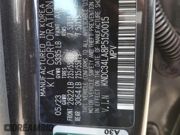 2023 Kia EV6 Wind with VIN KNDC34LA8P5150015, listed as a Copart auction lot 78726664 with 33,853 mi miles and Clean Title. Bid and sale history available at carsss.com. Image 13.