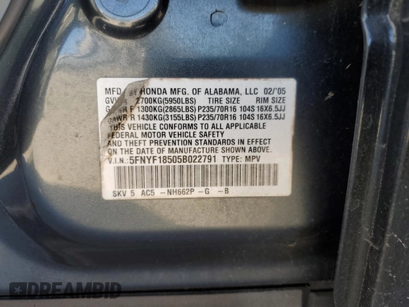 2005 Honda Pilot EX-L with VIN 5FNYF18505B022791, listed as a Copart auction lot 49183525 with 110,113 mi miles and Salvage Title. Bid and sale history available at carsss.com. Image 15.