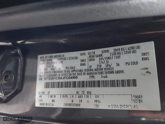 2018 Ford F-150 XL with VIN 1FTEW1CB8JFC64900, listed as a IAAI auction lot 41453035 with NaN miles. Bid and sale history available at carsss.com. Image 9.