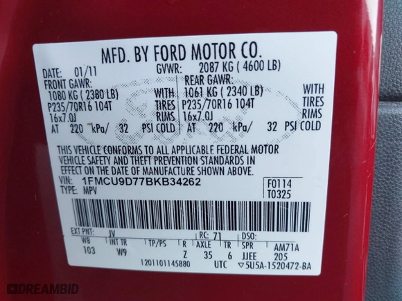 2011 Ford Escape XLT with VIN 1FMCU9D77BKB34262, listed as a IAAI auction lot 41198534 with 212,006 mi miles. Bid and sale history available at carsss.com. Image 9.