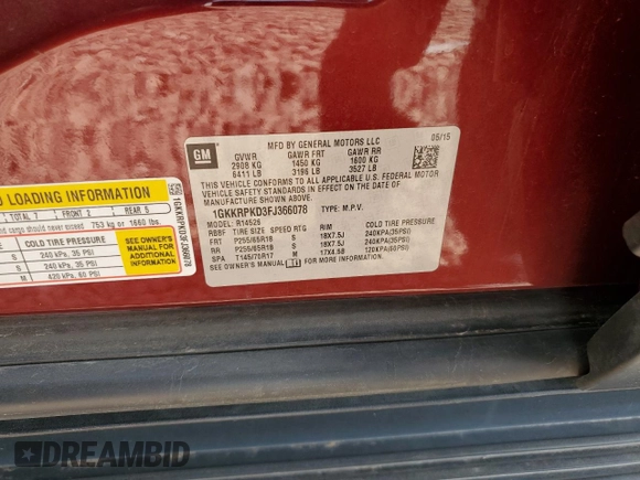 2015 GMC Acadia SLE with VIN 1GKKRPKD3FJ366078, listed as a Copart auction lot 50814865 with 127,485 mi miles and Salvage Title. Bid and sale history available at carsss.com. Image 14.