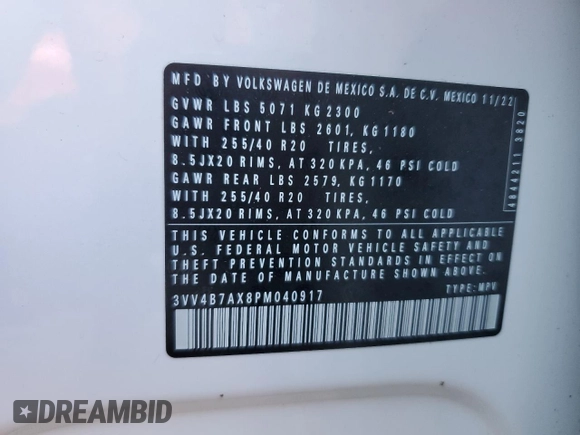 2023 Volkswagen Tiguan SEL R-Line z VIN 3VV4B7AX8PM040917, wystawiony jako Copart lot #84402084 z przebiegiem 6 905 mil mil oraz Szkoda całkowita • Salvage title. Historia ofert i sprzedaży dostępna na DreamBid. Obrazek 14.