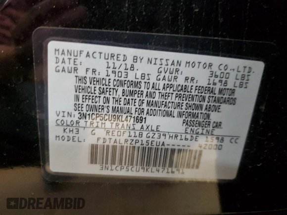 2019 Nissan Kicks S with VIN 3N1CP5CU9KL471691, listed as a Copart auction lot 49842815 with 66,993 mi miles and Salvage Title. Bid and sale history available at carsss.com. Image 15.